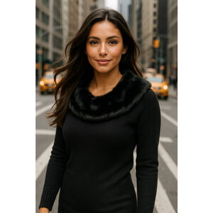 Karen Kane InStyle Sweater Merino Wool Faux Fur Collar Glam Black S Quiet Luxury